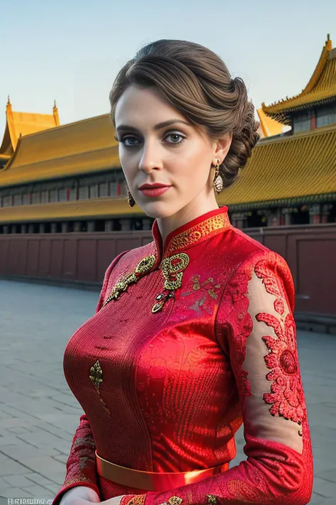 a professional photograph of fit and thin beautiful (RB100m:1.1) woman as a beautiful fashion model in a long ornate red cheongsam evening_gown,standing near the forbidden city in beijing,dark night,taken with Nikon D850,Nikon AF-S 85mm f/1.4G lens,photo realistic,bokeh,IMAX,(highly detailed),(Award winning),(Masterpiece),(HDR),(8k wallpaper),colorful,vivid color,intricately detailed,high contrast,looking_at_viewer,highres,absurdres,hyper realistic,UDH,depth_of_field,PA7_Portrait-MS,<lora:RB100m_05B-000004:0.9>,