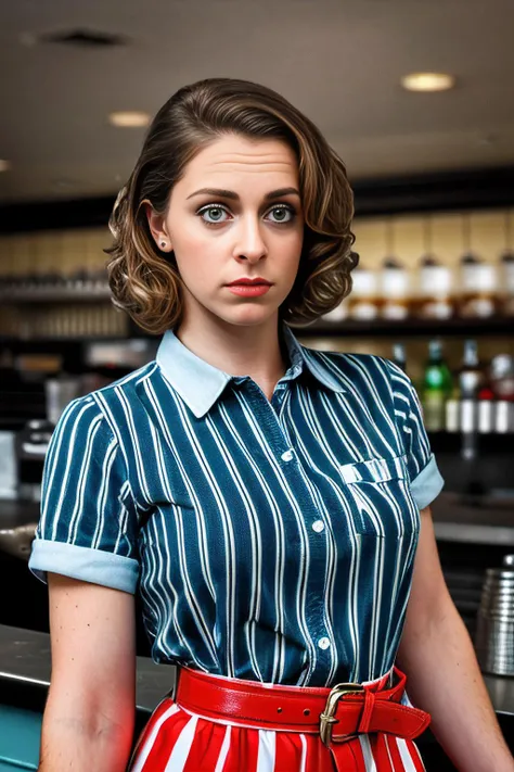 a realistic photograph of beautiful (RB100m:1.1) woman as a waitress,standing behind the counter of a diner restaurant,with a striped shirt and red belt,soft lighting,high quality,film grain,Fujifilm XT3,(highly detailed),(Award winning),(Masterpiece),(HDR),(8k wallpaper),colorful,intricate,detailed,high contrast,looking_at_viewer,highres,absurdres,hyper realistic,HDR UDH 8K wallpaper,depth_of_field,(low_view:1.2),PA7_Portrait-MS,<lora:RB100m_05B-000004:0.9>,