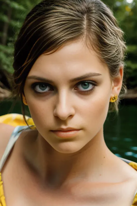 RAW photograph of beautiful (RB100m:1.1) woman wearing a (deep yellow sun dress:1.2),sitting in a rowboat on a quiet lake,surrounded by a forest,modelshoot style,(extremely detailed CG unity 8k HDR UHD wallpaper),professional majestic photography,(Leica M6 Camera),24mm,exposure blend,hdr,faded,extremely intricate,(High Detail:1.1),Sharp focus,dramatic,soft cinematic light,(looking at viewer),(detailed pupils),(photography by Roberto Ferri:1.1),(looking at viewer),(detailed pupils),PA7_Portrait-MCU,<lora:RB100m_05B-000004:0.9>,