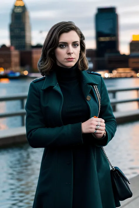 promotional photograph from television series of beautiful (RB100m:1.1) woman as a criminal detective in a Baltimore police precinct,wearing black dress with a khaki trenchcoat,police badge,holding glock pistol,walking along waterfront,overlooking inner harbor,taken with Nikon D850,Nikon AF-S 85mm f/1.4G lens,photo realistic,bokeh,IMAX,(highly detailed),(Award winning),(Masterpiece),(HDR),(8k wallpaper),colorful,vivid color,intricately detailed,high contrast,looking_at_viewer,highres,absurdres,hyper realistic,UDH,depth_of_field,PA7_Portrait-MS,<lora:RB100m_05B-000004:0.9>,