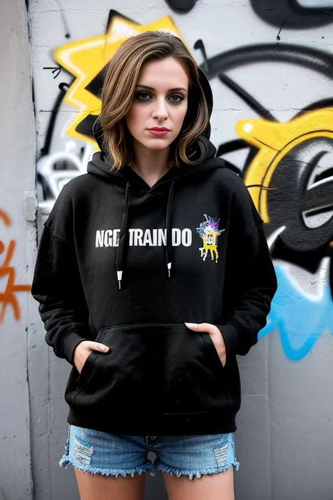 a digital photograph of beautiful (RB100m:1.1) woman,as a beautiful skater girl,wearing a (black hoodie:1.3) and (tuscany yellow cutoffs:1,1),holding a can of brawndo thirst mutilator sports drink,standing against a wall with (graffiti art by Banksy:1.2),in a narrow cobblestone alleyway,skateboard,(dark brown lipstick,makeup and eyeshadow:1.1),(low angle),fashion magazine photoshoot,as seen in (vogue magazine),sharp focus,detailed eyes,(highly detailed),(HDR),(8k wallpaper),colorful,vivid color,intricately detailed,high contrast,highres,absurdres,hyper realistic,8K UHD DSLR,Fujifilm XT3,taken with (Canon EOS 1Ds camera),extremely intricate,dramatic,(looking at viewer),4k textures,elegant,(cinematic look),hyperdetailed,cyberpunk style,PA7_Portrait-MCU,<lora:RB100m_05B-000004:0.9>,