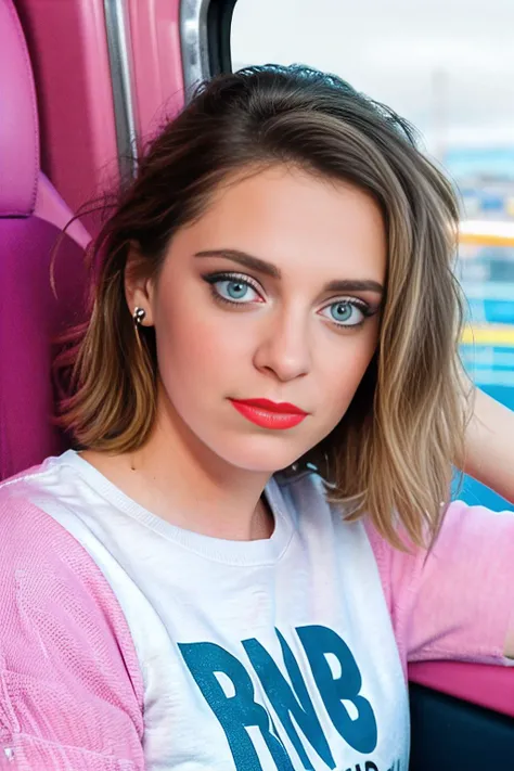 a selfie photograph of beautiful (RB100m:1.1) woman,as a beautiful tourist,wearing a (cerise pink sweatshirt:1.2) and (white cargo pants:1.1),holding a camera,sitting on upper deck of open tour bus,driving through (Las Vegas Strip:1.1) at night with bright neon signs,messy hair,lipstick,makeup and eyeshadow,travel photograph,sharp focus,detailed eyes,(highly detailed),(HDR),(8k wallpaper),colorful,vivid color,intricately detailed,high contrast,highres,absurdres,hyper realistic,8K UHD DSLR,Fujifilm XT3,taken with iphone 13,exposure blend,extremely intricate,dramatic,(looking at viewer),4k textures,elegant,(cinematic look),hyperdetailed,as seen on instagram,PA7_Portrait-MS,<lora:RB100m_05B-000004:0.9>,