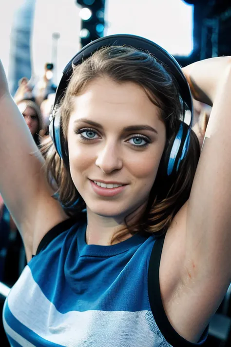 Realistic photo of a beautiful (RB100m:1.1) woman as a Dubstep DJ,on-stage working pioneer dj controller,wearing headphones,hands in the air like we just don't care,with crowds below,at a concert festival in ibiza,1girl,solo,long hair,looking at viewer,smile,hair,blue eyes,parted lips,sleeveless,lips,hand on hip,stage lighting,outdoor,bright sunlight with dark shadows,professional Photography,Photorealistic,detailed,RAW,analog,sharp focus,8k,HD,high quality,masterpiece,PA7_Portrait-MS,<lora:RB100m_05B-000004:0.9>,