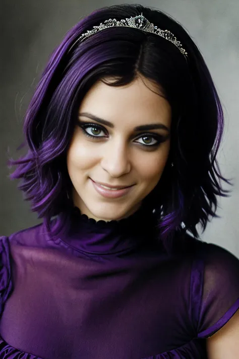 A RAW anime illustration of beautiful (RB100m:1.1) woman,upper body,smile,hair_over_one_eye,black tiara,(purple_hair:1.2),oriental costume,town,victorian architecture,(masterpiece,best quality,hires,high quality,by professional artist,ultra detailed,extremely detailed,absurdres,incredible resolution:1.2),PA7_Portrait-MS,<lora:RB100m_05B-000004:0.9>,