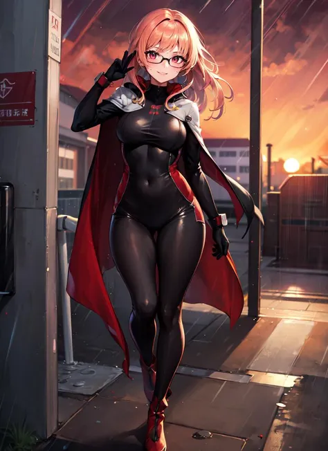 ((best quality)), ((highly detailed)), masterpiece, extremely detailed face, beautiful face, , <lora:more_details:.2>, (1girl), (glasses), dynamic pose, full body, superhero, spandex bodysuit, skin tight clothes, long cape, gloves, knee boots, (flying), smile, (outside, <lora:school_outdoors_v0.2:1>, at a school, building, gate, fence, sunset, raining), <lora:Fluorescence_1.1:1>, fluorescent skin, fluorescent hair