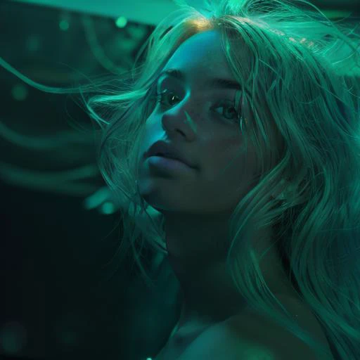 realistic analog photo, award winning photo,
1girl on a nightclub stage, dancing, wildly flowing hair, blacklight ambience, 
 <lora:Fluorescence_1.1:1> fluorescence, cyan fluorescence
<lora:PSC:0.75>  , strip_club_venue, dancing
BREAK
Claudia, feminine woman, 24 yearsold, 
fit body, toned body, lithe body, supple body, 
pert d cups,
sunburnt skin, tanlines, birthmarks,
shoulderlength auburn wavey hair, 
oblong face, fine features, arched eyebrows
heterochromia, round eyes, 
fleshy upturned nose,
 thin lips, upturned lips ,
RAW, highres, 8k, uhd, High Dynamic Range, tonemapping, crisp details,