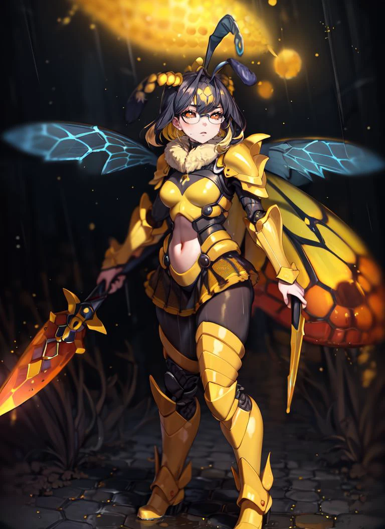 ((best quality)), ((highly detailed)), masterpiece, detailed face, beautiful face, , <lora:more_details:.5>, (1girl), (glasses), dynamic pose, cowboy shot, ((rain boots)), (((bee girl))), ð, colored skin, yellow colored skin, (black hair, <lora:conceptColoredInner_v10:1>, yellow colored inner hair), black eyes, (<lora:solidEyes_v70:.8>, solid eyes, colored sclera), fur, (arthropod girl), ((antennae)), (bee wings), (symmetrical wings), (carapace, exoskeleton), (arthropod limbs), wide hips, beehive, honey, honeycomb (pattern), hexagons, fur-trimmed clothes, black and yellow clothes, soldier, expressionless, holding a spear (weapon), shoulder_armor, gauntlets, full body armor, covered hips, armored skirt, greaves, armored boots, medium hair, medium breasts, standing, outside, in a gateway, (outdoors, at a cafe, coffee, night, night sky, stars, full moon, telescope, blizzard), <lora:Fluorescence_1.1:1>, fluorescent skin, fluorescent hair