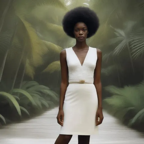 On Tropical island, naturalism, Art deco, fashion editorial, styles of Andrew Wyethand Kara Walker (Contemporary art), mind-bending spirit, haze filter, etched metal, Atari 2600 style