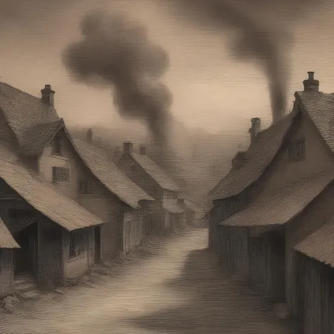 In Warzone, modernism, Cosmic Horror, Unsplash, styles of Robert Vonnohand Paul Cézanne (Post-Impressionism), fiery village, sepia, steampunk, comic