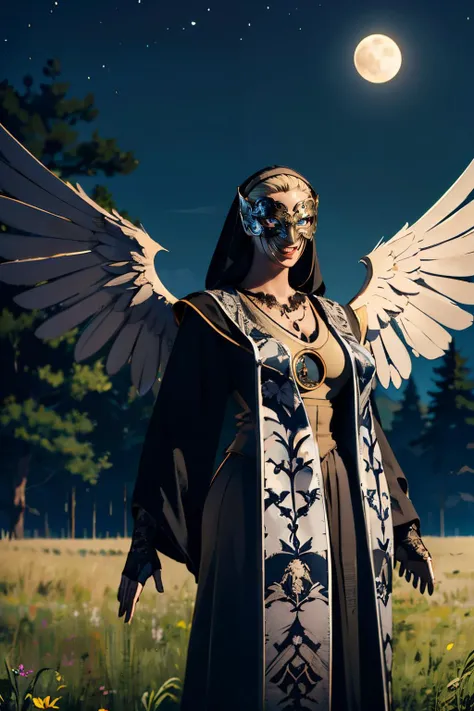 maranda, blue eyes, blonde hair, black robes, jewelry, veil, mask, necklace, sharp gloves, wings, looking at viewer, serious, smirk, standing, outside, field, trees, manor, night time, high quality, masterpiece,  <lora:mothermaranda:.8>