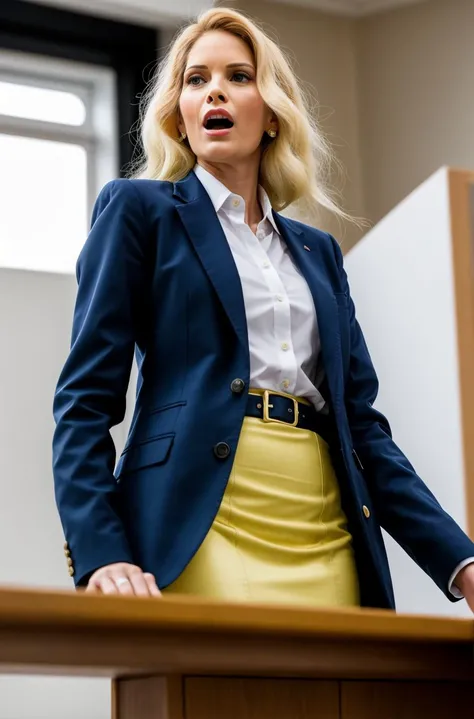 tv_Candee_Licious_PS, , angry expression, wearing a pencil skirt, wearing a dress shirt, wearing a blazer, standing at the edge of a conference table, shot from below, ((cowboy shot)),, deep shadows, highly detailed, professional,soft volumetric lighting, realistic, roughness, ultra realistic, photographed on a Canon EOS R5, 50mm lens, muted colors, F/2.8, HDR, 8k resolution, highres, high detail, sharp focus, smooth, roughness, real life, photorealism, photography, 8k uhd, cinematic film still