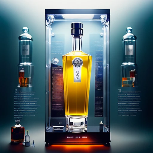 (Exotic Vodka bottle design :1.2), knollingcase, display case, (labelled:1.2), overlays, oled display, (annotated:1.2), (annotations:1.2), technical, knolling, (diagram:1.2),technical drawing, dramatic lighting, octane, micro detail, glow, dof, reflections, refractions