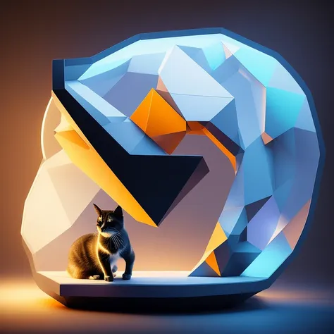 Geometric sculpture of a cat, dramatic lighting, (clockwork1.2), dramatic lighting, blue light, knollingcase