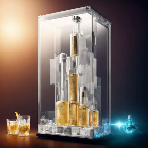 knollingcase (Exotic Vodka bottle design :1.2), knollingcase, display case, (labelled:1.2), overlays, oled display, (annotated:1.2), (annotations:1.2), technical, knolling, (diagram:1.2),technical drawing, dramatic lighting, octane, micro detail, glow, dof, reflections, refractions