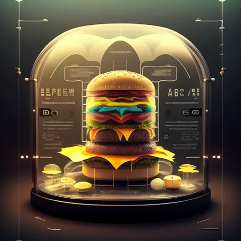 (knollingcase:0.5), a hamburger, display case, labelled, overlays, oled display, annotated, annotations, technical, knolling, diagram, technical drawing, dramatic lighting, glow, dof, reflections, refractions