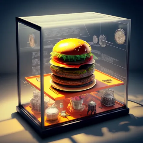 (knollingcase:0.5), a hamburger, display case, labelled, overlays, oled display, annotated, annotations, technical, knolling, diagram, technical drawing, dramatic lighting, glow, dof, reflections, refractions