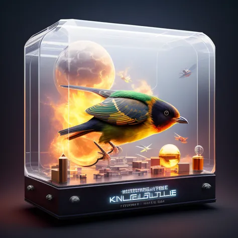 (knollingcase)++, isometric render, a bird head, isometric display case, knolling teardown, transparent data visualization infographic, high-resolution OLED GUI interface display, cinematic lighting, high contrast, micro-details, octane render, photorealism, photorealistic