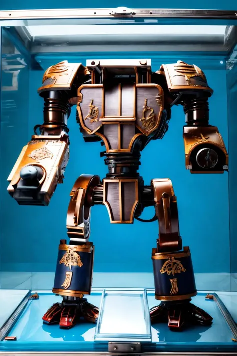 Photo of warhound, titan, gun, firing, chaos, body, scratches, blue colorway, shoulder cannon, arm cannon, gattling gun, damaged, huge gun, <<lora:Titans MK1 by CARAXES:0.65>,,, inside a large glass case (knollingcase:1.2), highly detailed, intricate details, volumetric lighting, refraction, masterpiece, highres, shallow depth of field, sharp focus , <lora:TEST:0.5>