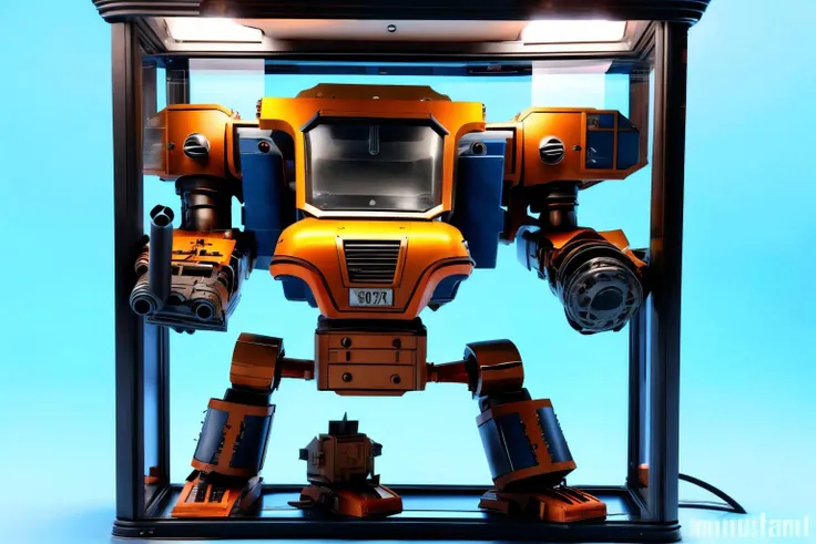 Photo of warhound, titan, gun, firing, chaos, body, scratches, blue colorway, shoulder cannon, arm cannon, gattling gun, damaged, huge gun, <<lora:Titans MK1 by CARAXES:0.65>,,, inside a glass case (knollingcase:1.2), volumetric lighting, refraction, masterpiece, highres, shallow depth of field, sharp focus , <lora:TEST:0.5>
