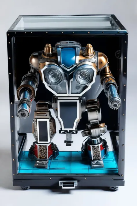 Photo of warhound, titan, gun, firing, chaos, body, scratches, blue colorway, shoulder cannon, arm cannon, gattling gun, damaged, huge gun, <<lora:Titans MK1 by CARAXES:0.65>,,, inside a large glass case (knollingcase:1.2), highly detailed, intricate details, volumetric lighting, refraction, masterpiece, highres, shallow depth of field, sharp focus , <lora:TEST:0.5>
