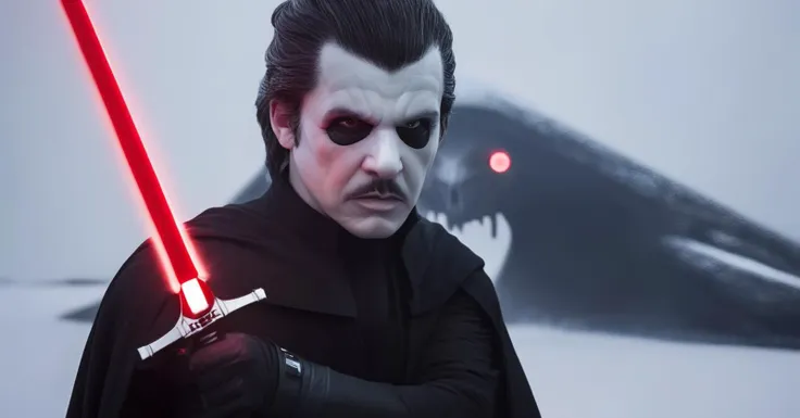 CardinalC, black hair, male focus, facepaint, mustache, white sclera, sith lord, sith clothes, hold a lightsword, star wars, dark planet , outside