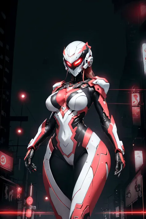 (masterpiece, best quality, ultra detailed, absurdres)1.5, 1girl, (sexy, beautiful woman, perfect face, perfect eyes, perfect female body, large breasts)1.5, (sprmk, <lora:LoHa_SuperMekV1:0.7>), (standing, outdoors, science fiction, neon lights, city in background), perfect lighting, smooth, hdr