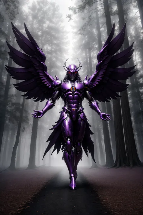 <lora:hadesarmorv6.4:0.7>
masterpiece, highly detailed photorealistic 8k raw photography, best cinematic quality, volumetric lighting, volumetric shadows
a man in reflective Classic Purple wsprmr, full body, powerful constitution, symmetrical metal wings, Dancing with both arms extended, tilt-shift shot, A haunted forest, where twisted trees and fog create an ominous atmosphere