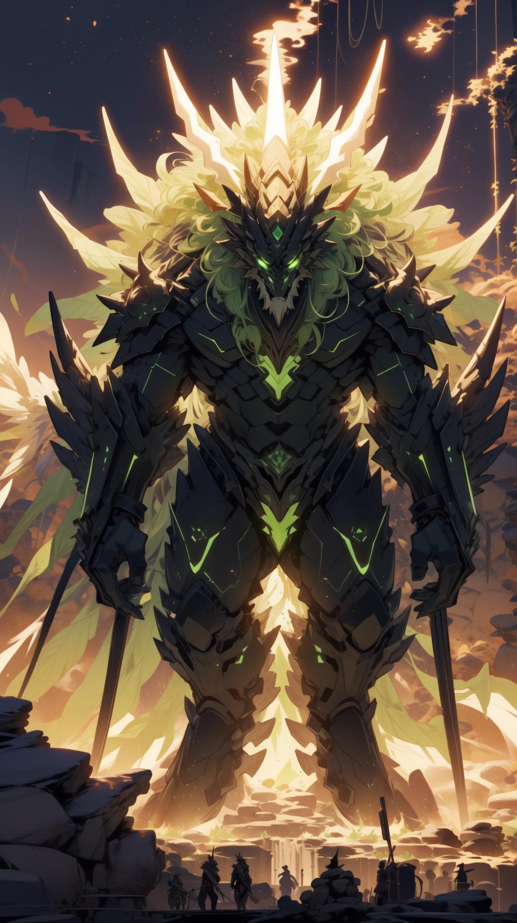 A digital illustration of a giant monster with glowing eyes and a large ...