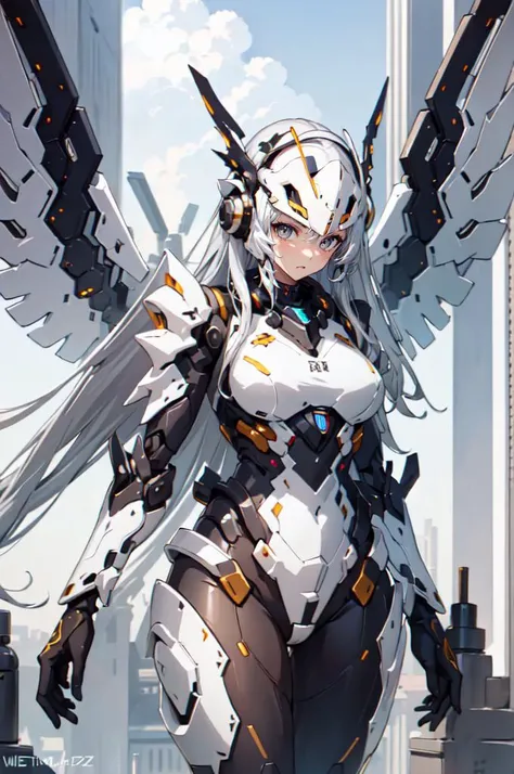 <lora:Mecha Suit Generator Concept v3:0.9> zzmckzz, mecha helmet, wsprmr, mecha helmet, metallic wing, metal wings, symmetrical metal wings,, ultra detailed, masterpiece, best quality, aesthetic, detailed,, serious, 1girl, (white eyes:1.1), (grey eyes:1.3), white hair, very long hair, parted hair, parted bangs, <lora:parted_hair_v1.3:1.3>, medium breasts,