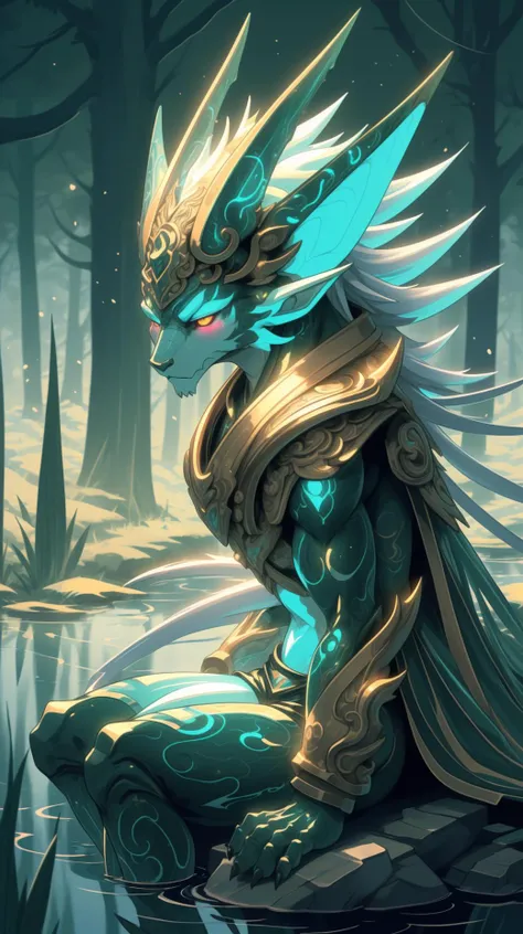 (masterpiece, best quality, ultra-detailed, intricate details), Elves, (mystic marshlands, mist-covered swamps, ancient rituals, arcane energies, ) Subtle shimmer on the lids and a peach blush,sitting,looking up <lora:yukito style:0.8> yukito style,, <lora:DivineBeast:0.8> divine beast,glowing.glowing eyes.glowing body.glowing horns.glowing <lora:LoHa_SuperMekV1:0.5> sprmk, supermek