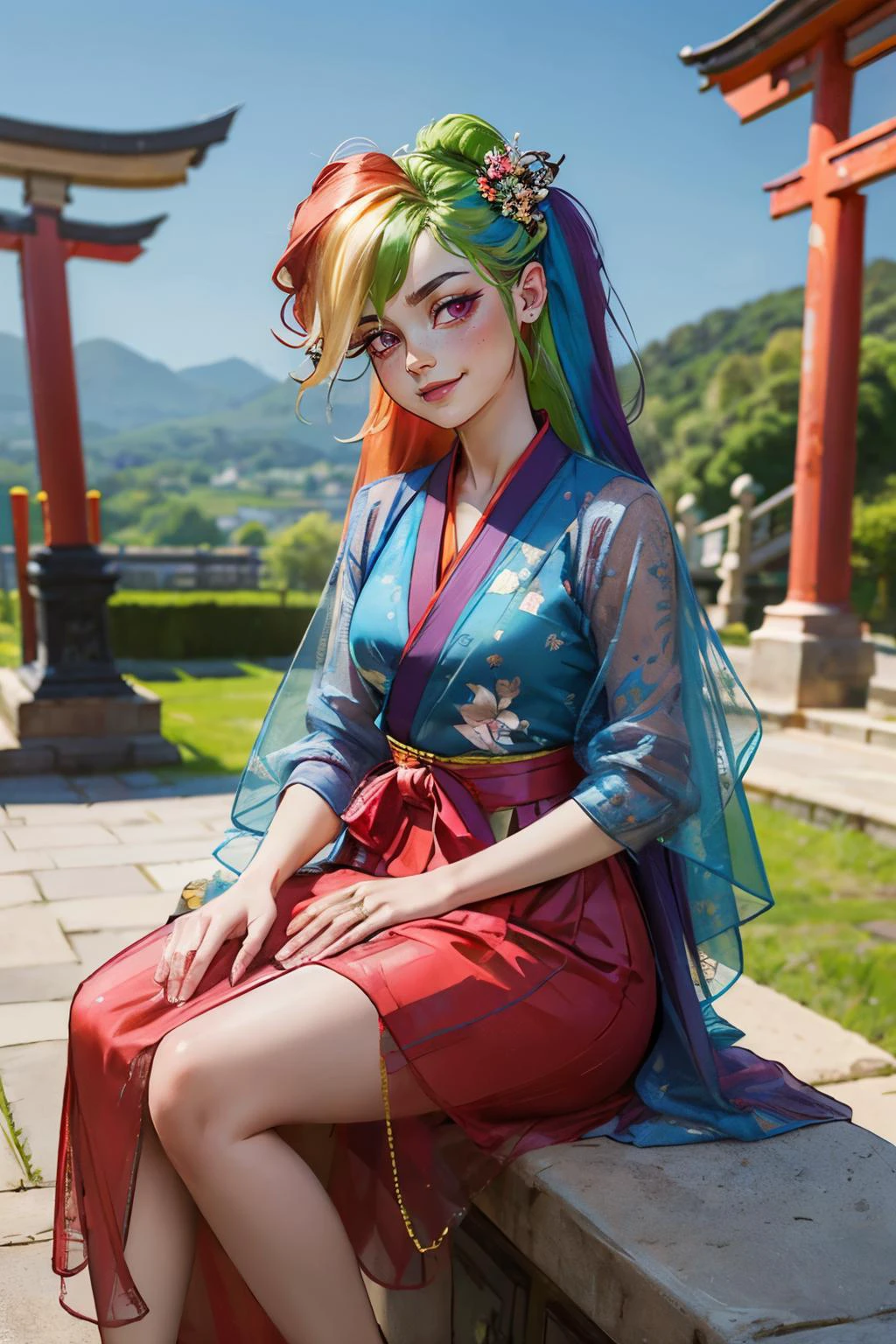 jyojifuku, hair ornament, skirt, flower, see-through,<lora:china dress v1.0:.6>
mlpdash,purple eyes, long hair, rainbow hair, looking at viewer, serious, smirk, sitting, on stone bench, outside, garden, red torii, blue sky, high quality, masterpiece, <lora:mlp_rainbowdash:.8>