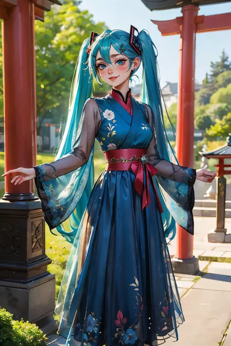 jyojifuku, hair ornament, skirt, flower,blue attire, see-through,<lora:china dress v1.0:.5>
hatsune miku, blue twintail hair, blue eyes, smiling, blush, standing, outside, garden, red torii, high quality, masterpiece,