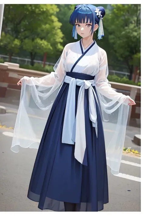 (masterpiece:1.4), 4K8K, (anime style), (high shutterspeed:1.1), (sharp edges),
jyojifuku, hair ornament, skirt, see-through, flower,
woman standing,
dark blue hair, hair bun, medium breasts,