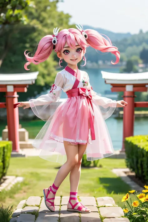 jyojifuku, hair ornament, skirt, flower,pink attire, see-through,<lora:china dress v1.0:.6>
chibiusa, pink eyes, pink hair, twin tails, looking at viewer, smiling, standing, outside, garden, red torii, trees, lake, sunny, high quality, masterpiece, <lora:sailormoonchibi-lora-nochekaiser:.7>