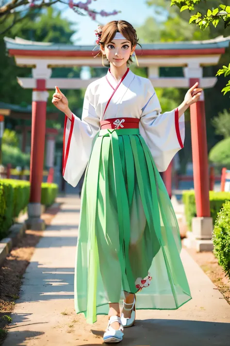 jyojifuku, hair ornament, skirt, flower,green attire, see-through,<lora:china dress v1.0:.6>
sakura, brown eyes, short brown hair, headband, looking at viewer, serious, smirk, standing, outside, garden, red torii, dirt path, trees, sunny, high quality, masterpiece,  <lora:sakuraSF4:.7>