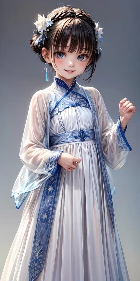 (masterpiece,ultra-detailed,best quality,8K,CG,illustration,shaved:1.0),(petite girl:1.0) <lora:more_details:1>, smile,simple background,
 <lora:china dress v1.0:0.6> jyojifuku, hair ornament,see-through,white clothes