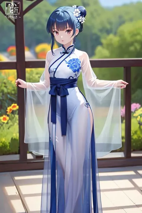 (masterpiece:1.4), 4K8K, (anime style), (high shutterspeed:1.1), (sharp edges),
jyojifuku, hair ornament, skirt, see-through, flower,
woman standing,
dark blue hair, hair bun, medium breasts, (petite:1.2)
<lora:china dress v1.0:0.5>