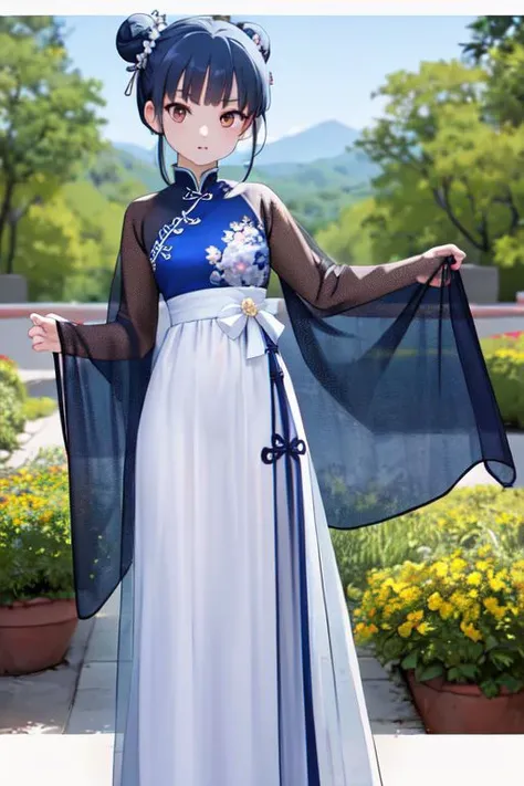 (masterpiece:1.4), 4K8K, (anime style), (high shutterspeed:1.1), (sharp edges),
jyojifuku, hair ornament, skirt, see-through, flower,
woman standing,
dark blue hair, hair bun, medium breasts, (petite:1.2)
<lora:china dress v1.0:0.5>