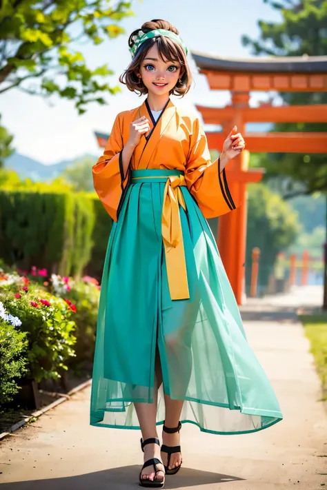jyojifuku, hair ornament, skirt, flower,orange attire, see-through,<lora:china dress v1.0:.6>
may, blue eyes, brown hair, green bandana, looking at viewer, smiling, standing, outside, garden, red torii, trees, lake, sunny, high quality, masterpiece, <lora:PKMN_May_Gen4_v1:.9>