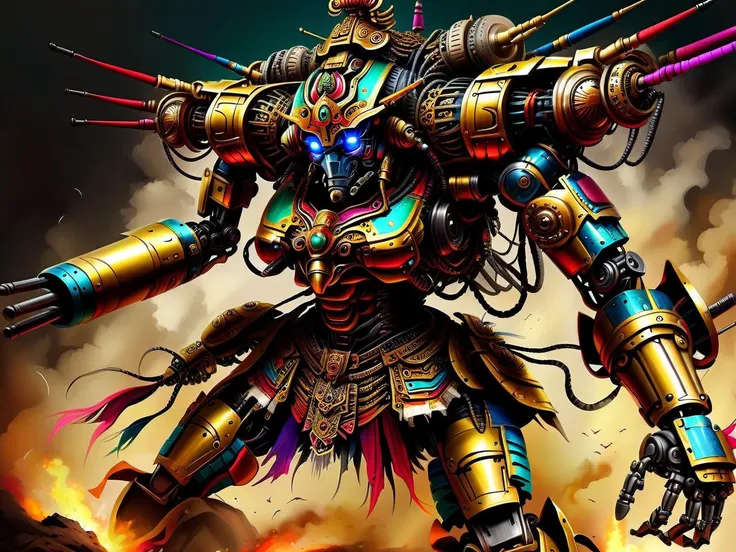 <lora:CulturePunkAI_1Pruned:.9> JavaPunkAI battle mech Highly detailed, amazing, Impressive lighting, vibrant colors, Ultra Realistic, High quality, Highly detailed, trending on artstation