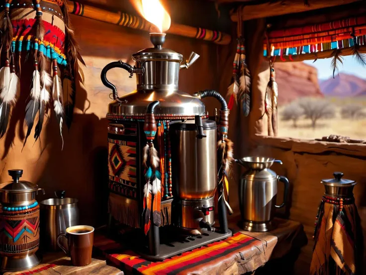 <lora:CulturePunkAI_1Pruned:.9> TotemPunkAI Sioux coffee machine (Highly detailed, amazing tribal setting), (Impressive lighting), (Colorful, Ultra Realistic, High quality, Highly detailed, Sharp focus, 8K UHD, Art photography), (trending on artstation)