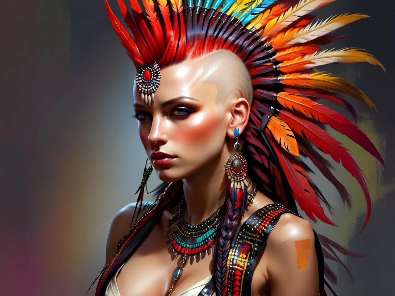 <lora:CulturePunkAI_1Pruned:.9> TotemPunkAI Mohawk fashion, woman Highly detailed, amazing, Impressive lighting, vibrant colors, Ultra Realistic, High quality, Highly detailed, trending on artstation
