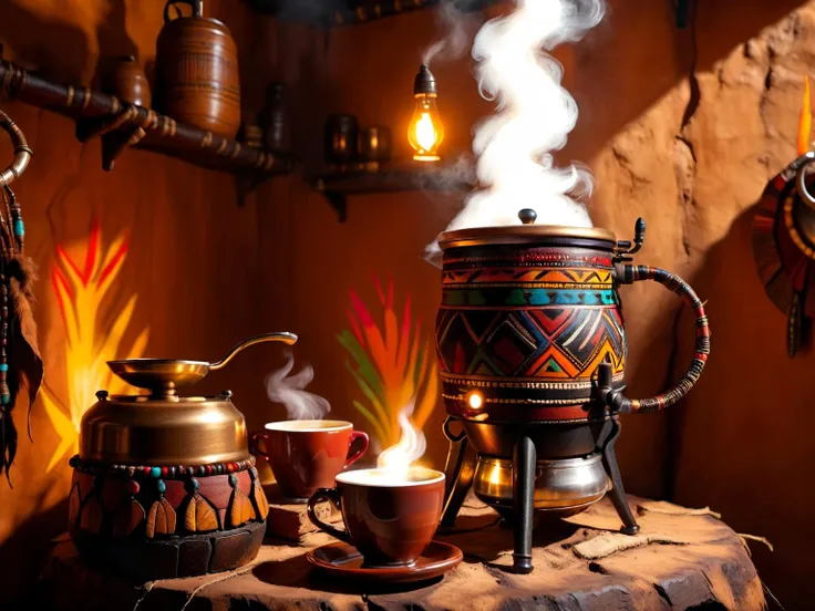 <lora:CulturePunkAI_1Pruned:.9> ZuluPunkAI  coffee machine  (Highly detailed, amazing tribal setting), (Impressive lighting), (Colorful, Ultra Realistic, High quality, Highly detailed, Sharp focus, 8K UHD, Art photography), (trending on artstation)
