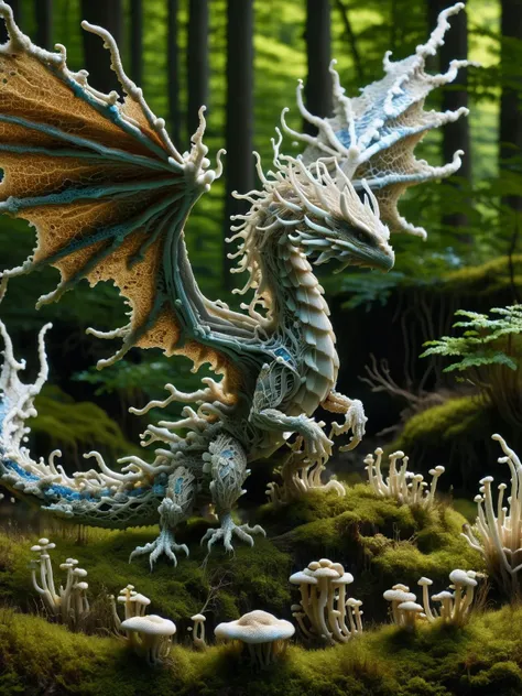 A ral-mycelium close-up of a fungal dragon, its wings formed from shimmering spores, scales glistening with bioluminescence, a creature of symbiotic beauty and power. <lora:ral-mycelium-sdxl:1>, <lora:EnvyBetterHiresFixXL01:0:hr=1>