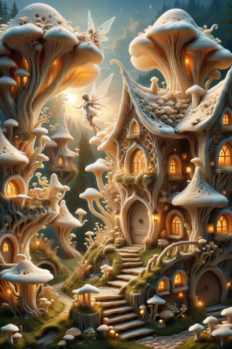 ral-mycelium,<lora:ral-mycelium:1>,<lora:d\EnvyFlourishesXL01:0.8>,
A fairy tale scene,in a small village composed of mycelium,there are elves flying,the light is soft,the colors are gorgeous,like a fairyland,