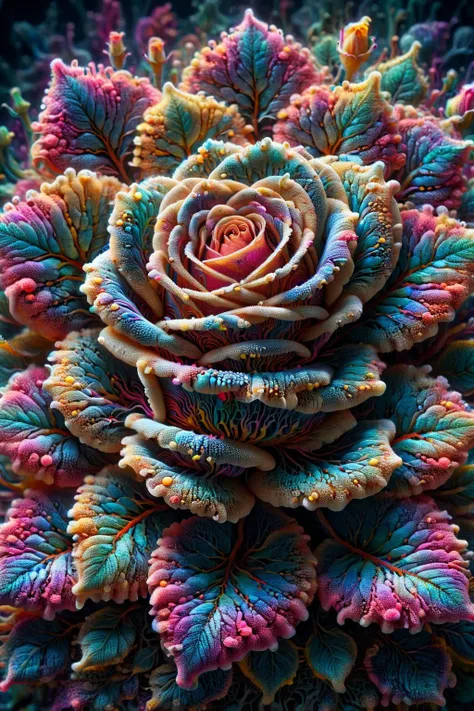 ral-mycelium,<lora:ral-mycelium:1>,ral-trichom,<lora:ral-trichome:0.8>,
Abstraction,Surrealism,Fractal Art,
A colorful rose with shimmering petals,