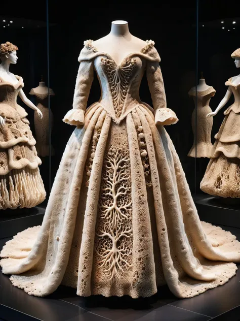 A luxurious intricate ral-mycelium Victorian-era gown,displayed in a historic fashion museum <lora:ral-mycelium-sdxl:1>, <lora:EnvyBetterHiresFixXL01:0:hr=1>