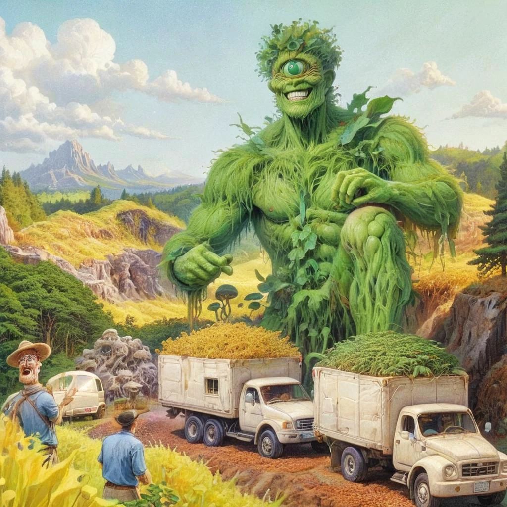 1giant green Cyclops person made of plants,1woman, smile, 1man, hat, outdoors, multiple men, sky, day, 2men, grin, colored skin, traditional media, parody, ground vehicle, motor vehicle, car, green skin, truck, humongous giant green man standing in background, humongous green plant man in background<lora:ral-mycelium-sdxl:0.5> ral-mycelium <lora:ral-wtchz-sdxl:0.8> ral-wtchz <lora:cyclops-sdxl:0.8> cyclops