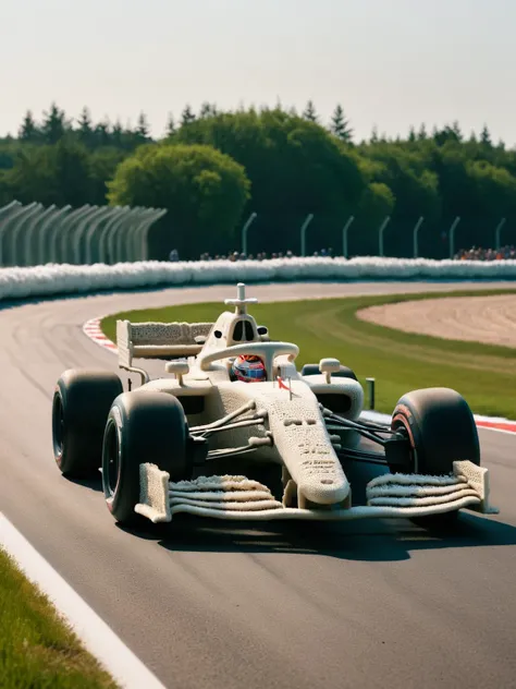 A ral-mycelium F1 race car racing down the straight during a race <lora:ral-mycelium-sdxl:1> <lora:EnvyBetterHiresFixXL01:0:hr=1>.