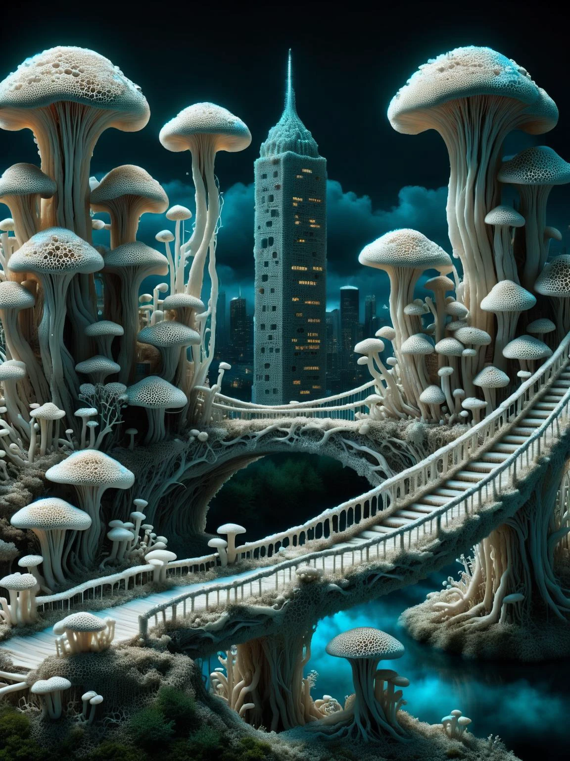 A ral-mycelium cityscape where buildings sprout from giant fungal caps, connected by bridges of interwoven mycelium, glowing with bioluminescent light, a metropolis of harmonious nature and technology. <lora:ral-mycelium-sdxl:1>, <lora:EnvyBetterHiresFixXL01:0:hr=1>
